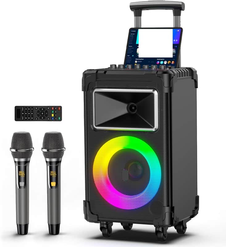 Karaoke Machine with 2 Wireless Mics, 10" Woofer 500W Peak Power Big Portable Bluetooth Speaker with Bass/Treble Adjustment, PA System with Remote Control, LED Lights, Rolling Wheels and Trolley image 1