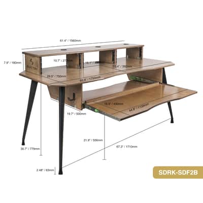 SDRK-SDF2B | DIY Music Recording Studio Desk Workstation w/ 3x4U Rack/Top Shelf, Sliding Keyboard Tray, Plywood, Weathered Brown image 5