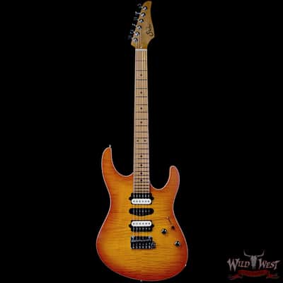 Suhr Custom Modern HSH Flame Top Genuine Mahogany Body Roasted Maple Neck Satin Honey Burst 7.70 LBS image 3