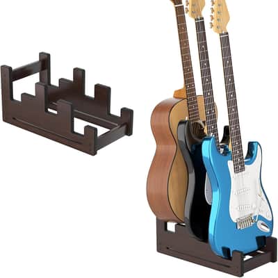Multi Guitar Stand, 3 Holder Handmade Wood Guitar Stand Floor, Space-Saving Electric Guitar Stand, Guitar Rack for Acoustic Guitar, Electric Guitar, Bass Guitar Display (Brown) image 1