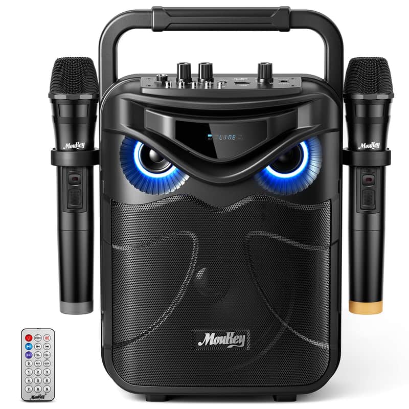 Moukey Karaoke Machine for Kids with 2 Wireless Microphones, Portable Bluetooth Speaker with Treble/Bass, Remote Control and LED Lights, PA System Support REC/AUX/USB/TF/FM for Adults/ Party, MPS3 image 1