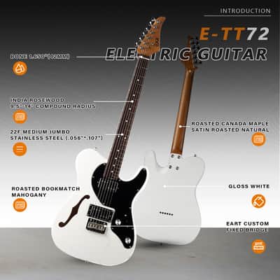 Eart Guitars, E-TT72, Semi Hollow Body Electric Guitars Humbucker Pickups Fixed Bridge LP3, White image 2