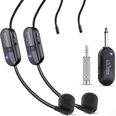 Wireless Microphone Headset Double Professional: Cordless Mic Head for Two People, Heads Handheld Mics 2 in 1- USB-C Rechargeable - 1/4'' and 1/8'' Plug for PA System, Voice Amplifier,Teaching,Fitness image 1