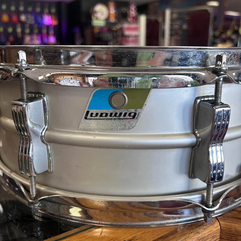Ludwig No. 404 Acrolite 5x14" 8-Lug Aluminum Snare Drum with Pointed Blue/Olive Badge 1969 - 1979 - Matte Aluminum image 1