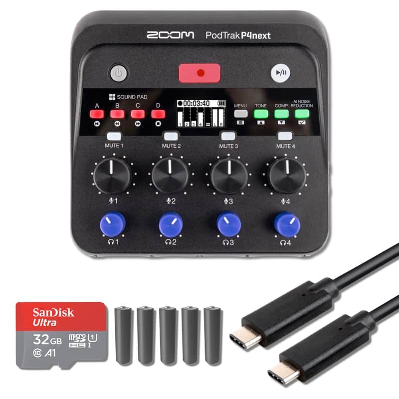 Zoom PodTrak P4next Audio Interface with USB 3.0 Type C Cable, microSD Card, and 5x AA Batteries image 1