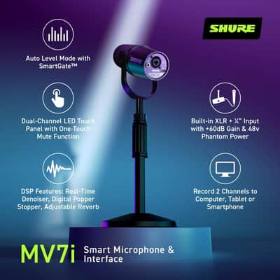 Shure MV7i Smart Microphone with Built-in Audio Interface - Podcast & Musician Mic with 2 Channels, XLR and 1/4", USB-C for Mac/PC/Phone, Advanced DSP Features, All-Metal Design, Auto Level Mode image 3