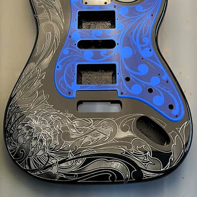Glossy Black XGP Stratocaster Style Laser Engraved Guitar Body with Royal Blue Acrylic Mirror Pickguard and Tremolo Cover HSH, HSS, SSS Setups Available image 1