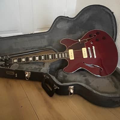 D'Angelico Premier DC Boardwalk P90 2020 Trans Cherry with original DAngelico Deluxe DC Case image 1