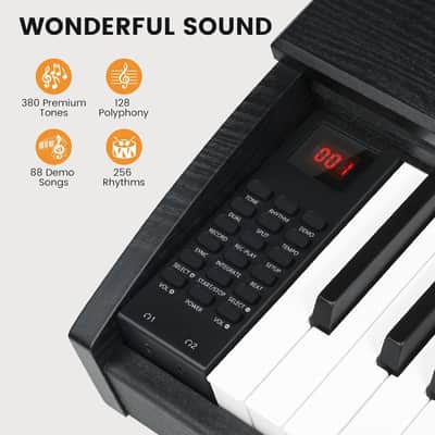 88 Key Digital Piano Keyboard With Semi Weighted Keys, Full-Size Standard Key Electric Piano For Beginner With 380 Tone, 128 Polyphony, 88 Song, 256 Rhythm, Three Pedal, Headphone, Power Supply image 3