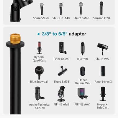 Desktop Microphone Stand, Upgraded Adjustable Table Mic Stand with Mic Clip and 5/8" Male to 3/8" Female Screw for Blue Yeti Snowball Spark & Other Microphone image 6