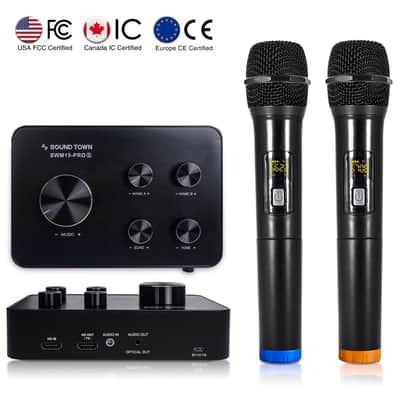 SWM15-PRO | WIRELESS MICROPHONE KARAOKE MIXER SYSTEM W/ HD ARC, OPTICAL, AUX, BLUETOOTH, SELECTABLE FREQUENCIES - SUPPORTS SMART TV, SOUND BAR, MEDIA BOX, RECEIVER image 1