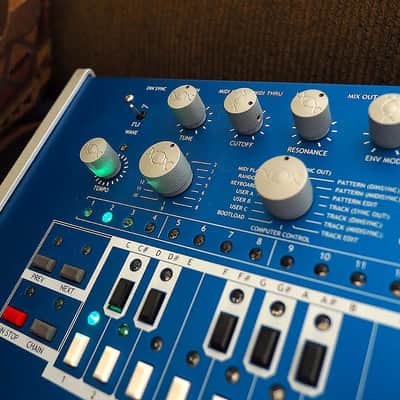 Custom x0xb0x by Andy Pledger. Blue metal with green LEDs. TB-303 style analog synthesizer sequencer image 8