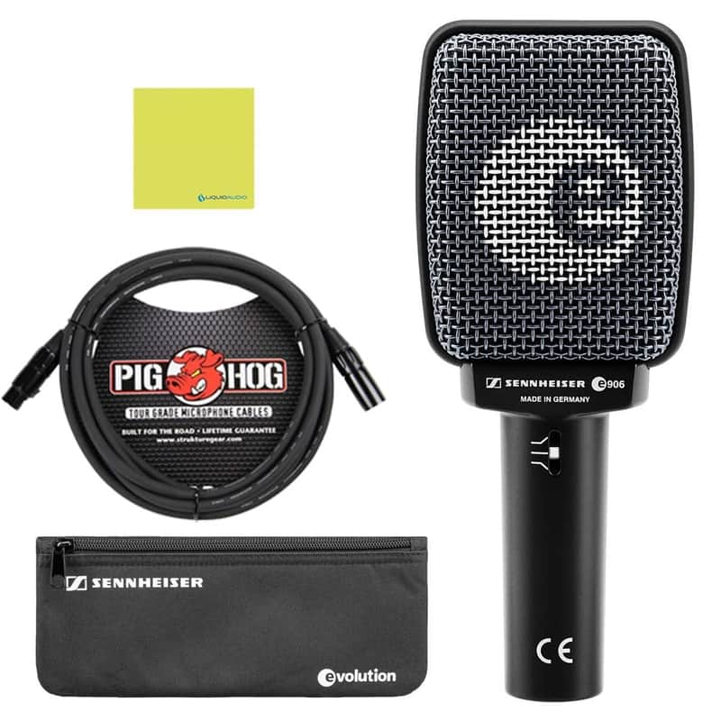 Liquid Audio Sennheiser E 906 Supercardioid Dynamic Instrument Microphone Bundle w/Pig Hog PHM10 8mm Mic Cable Polishing Cloth image 1