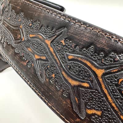 Walker & Williams LIP-07 Dark Bourbon Brown Carved Leather Spade Cut Strap with Tooled Cross and Thorns image 4