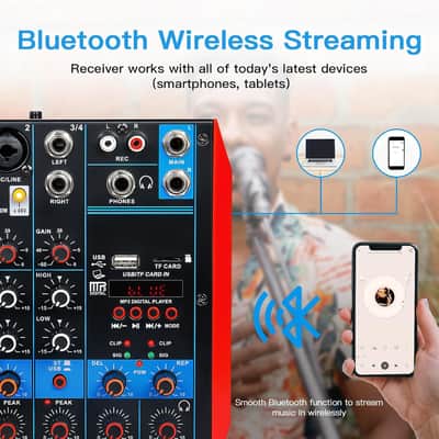 4 Channel Audio Mixer Portable Mini Sound Board Console with USB Audio Interface 48V Phantom Power Bluetooth USB MP3 DJ Mixer for Live Performance DJ Stage image 2