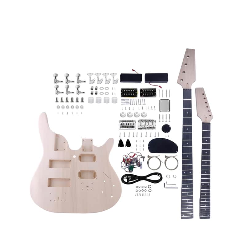 Diy Electric Guitar And Bass Double Neck Kit 6 String And 4 String Guitar Kits Right Handed With Basswood Body Hard Maple Neck Chrome Hardware Build Your Own Bass And Guitar. image 1
