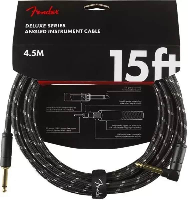 Fender Deluxe Instrument Cable, Straight/Angle, 15' Black Tweed image 1