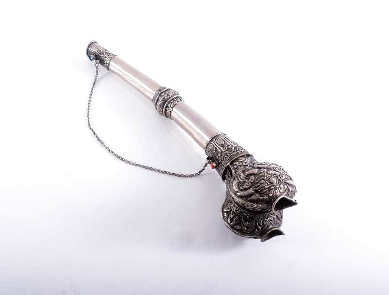 Antique Tibetan Ceremonial Hand Carved Silver Trumpet - Buddhist - Mus. Instrument - Monastery Religious Horn - Artifact - Bone Kangling - Shaman - Nepal image 1