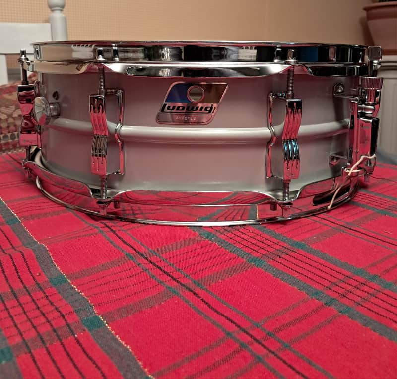 Ludwig L-404 Acrolite 5x14" 8-Lug Aluminum Snare Drum with Rounded Blue/Olive Badge 1979 - 1993 - Gray image 1