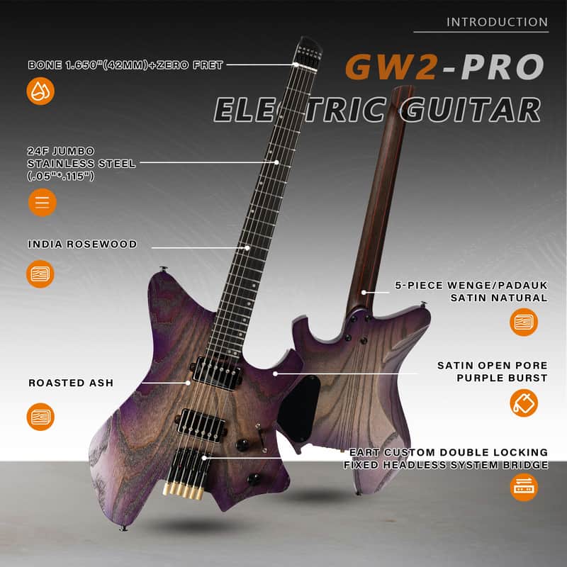 Eart GW2-Pro Headless Electric Guitar, Roasted Ash Body,24F Rounded Ends Jumbo Stainless Steel Bild 1
