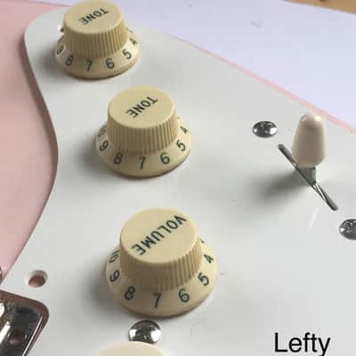 3 Lefty Fender Vintage Reissue Guitar Strat Knobs Relic Aged White Green Fonts image 1