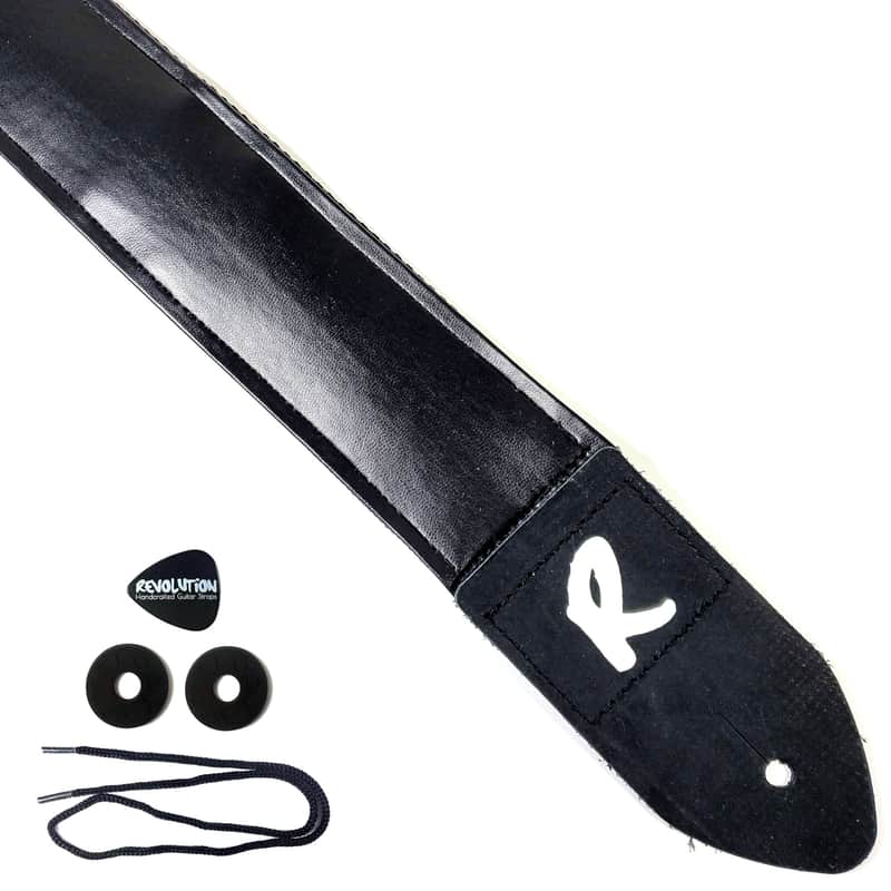 Black Faux Leather Guitar Strap - Black Artificial Leather Guitar Strap - Genuine Leather Ends - Fits Acoustic, Electric or Bass Guitars image 1