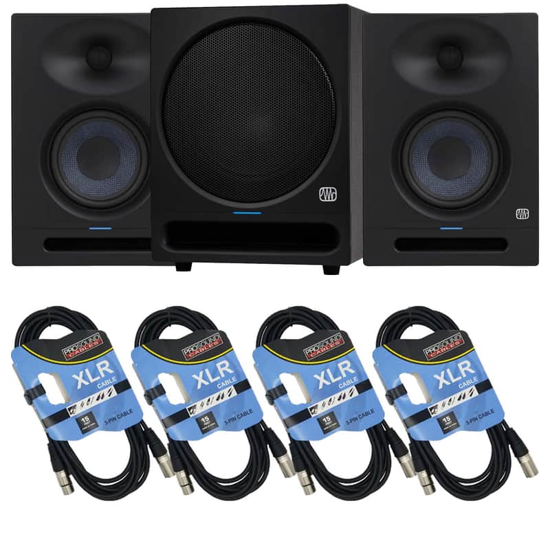 (2) PreSonus Eris Studio 5, PreSonus Eris Pro Sub 10 Subwoofer, (4) XLR Cables Bundle image 1