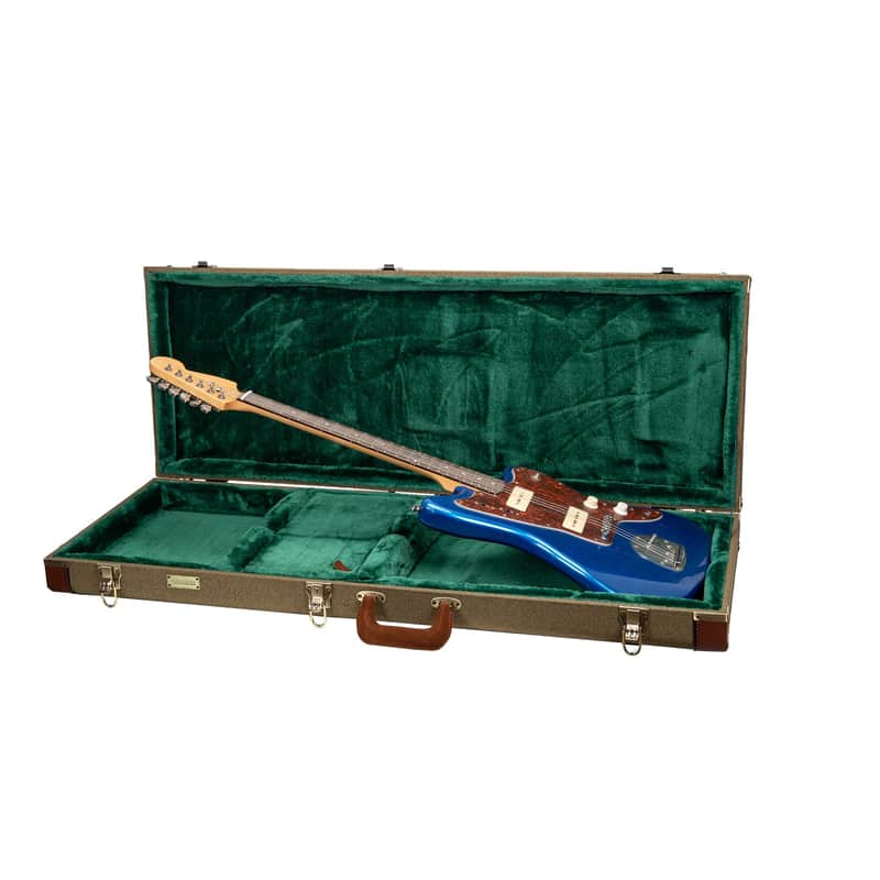 Crossrock Master Series - Wooden Jazzmaster/Jaguar Style Electric Guitar Case - Security Lock, Genuine Leather Handle, Reinforced Hardware, Metal Feet, Storage Space- Olive Green Tweed image 1