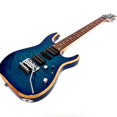 Bootlegger Guitar Royal HHH, Floyd Rose Double Locking Tremolo Blue Clear Quilted Maple finish, Stiletto Hard Case image 11