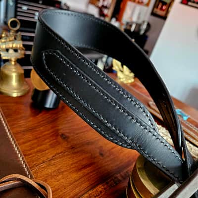 Hand Made, Hand Stitched Guitar strap "Rockatansky" in Black & Black - Vegetable Tanned Leather image 7