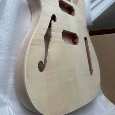 HH Mahogany Wood Guitar Tele Style Body, Tiger Veneer Maple Top, F Hole image 5