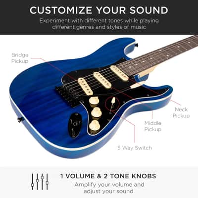 Beginner 39 In Electric Guitar Kit w/ Case, 10W Amp, Tremolo Bar - Blue Stripe image 4