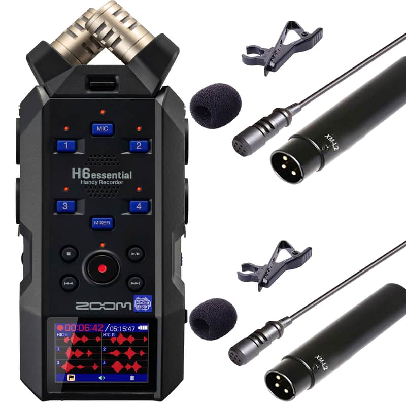 Zoom H6essential 6-Track 32-Bit Float Portable Audio Recorder + 2x Vidpro Professional Wired XLR Lavalier Microphone XM-L2 for Pro Audio Equipment with XLR Input image 1