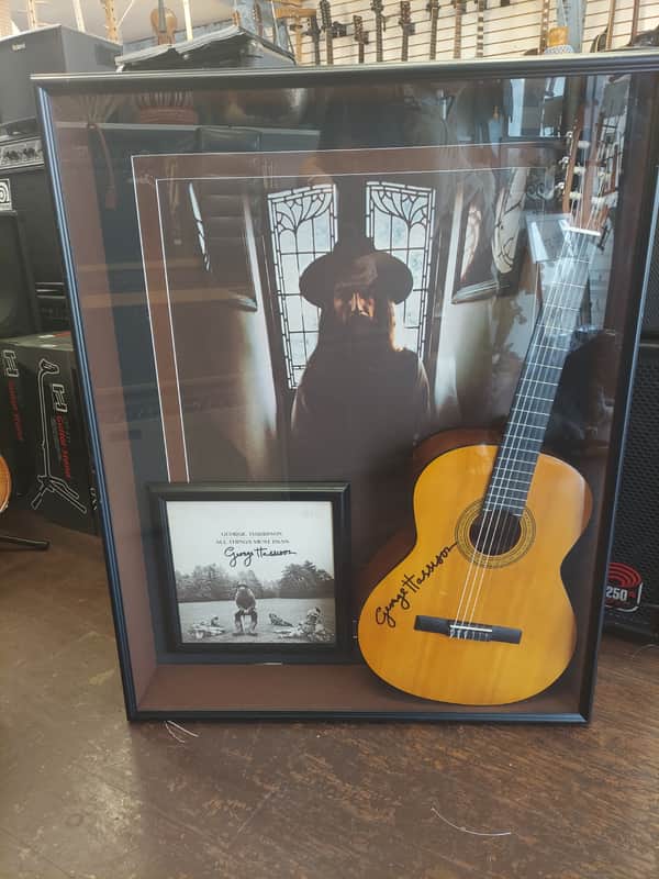 George Harrison Signed  Acoustic Guitar & Album Cover w/ Full Size Poster in Shadowbox image 1