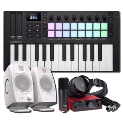 Novation Launchkey Mini 25 MK4 25-Key MIDI Keyboard Controller All-White Recording Studio Bundle with Focusrite Scarlett Solo Studio Pack, CM25 MkIII Condenser Microphone, SH-450 Headphones, and ADAM Audio D3V White Desktop Monitors
