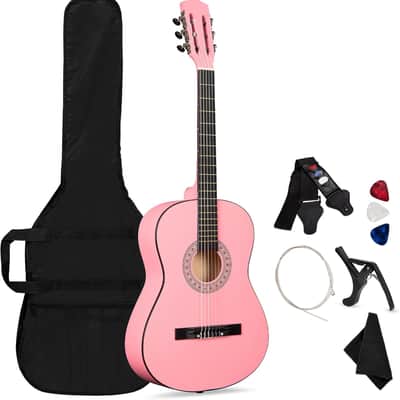 38in Beginner All Wood Acoustic Guitar Starter Kit w/Gig Bag, 6 Picks, Nylon Strings, Strap w/Pick Holder - Pink image 1