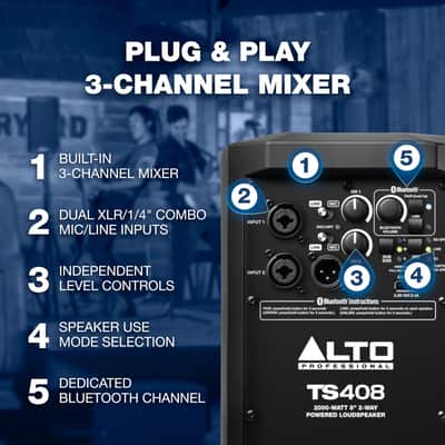 ALTO TS408 2000W 8" Powered PA Speaker with 3 Channel Mixer, Bluetooth Streaming image 4