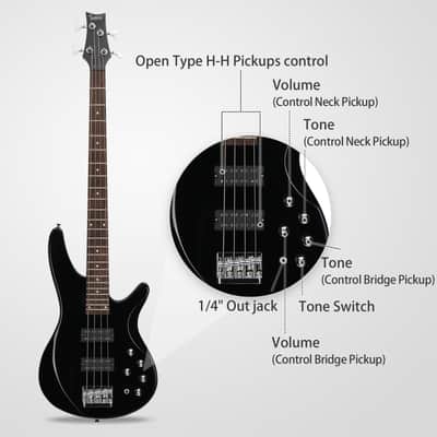 Glarry 44 Inch GIB 4 String H-H Pickup Laurel Wood Fingerboard Electric Bass Guitar with Bag and other Accessories 2020s - Black image 8
