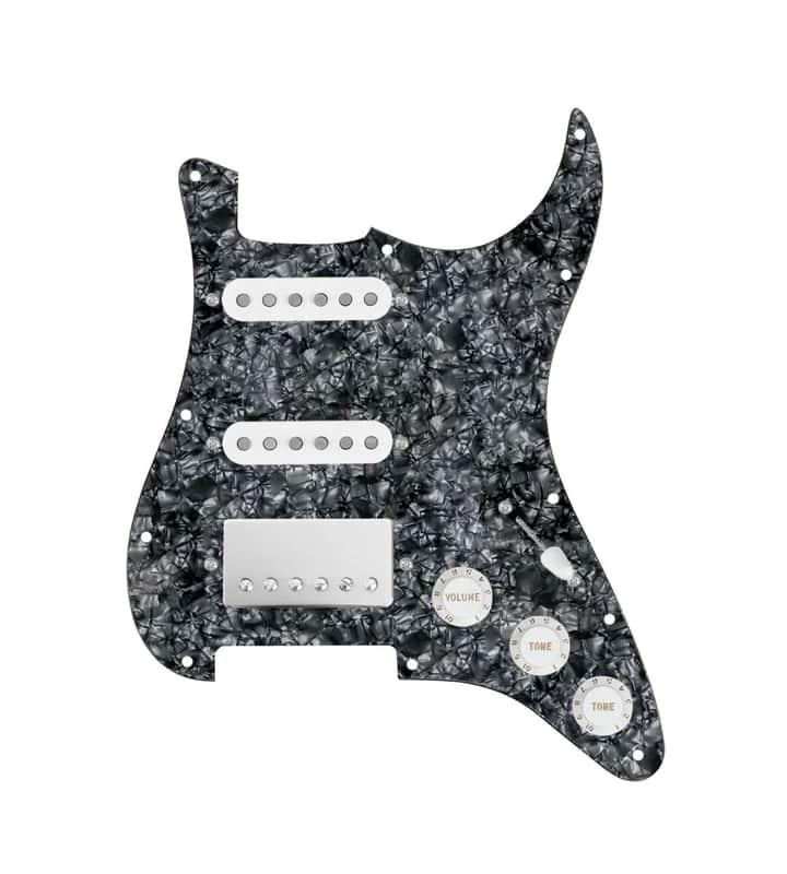 920D Custom HSS Loaded Pickguard For Strat With A Nickel Smoothie Humbucker, White Texas Vintage Pickups, White Knobs, and Black Pearl Pickguard image 1