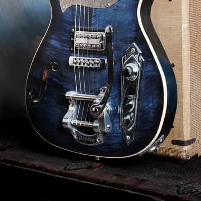 Postal Midnight Special Flamed Maple Blue Silverplate Engraved Pickguard Bigsby image 5