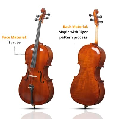 Cxxss Full Side 4/4 Natural Color Spruce Panel Cello Tiger pattern process with Bag Bow Rosin Bridge Strings image 9