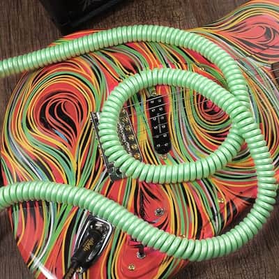 Premium Guitar Coil Cable 20 Feet, Instrument Coiled Curly Cord for Guitar Bass, 1/4 inch Right Angle to Straight, Surf Green image 3