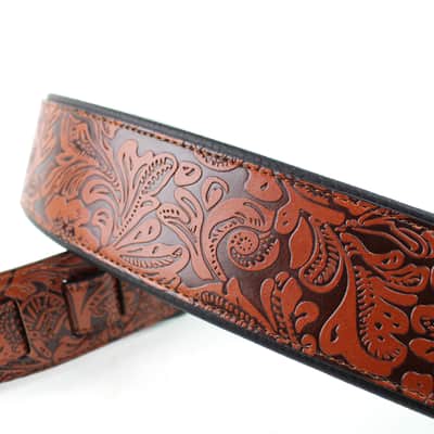 Walker And Williams G-970 Bourbon Brown Embossed Western Floral Strap with Padded Glove Leather Back image 3