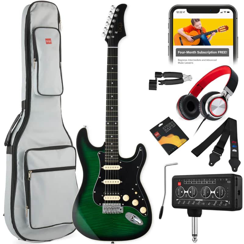 Beginner Electric Guitar Kit w/ Headphone Amp, Padded Gig Bag, Headphones - Green image 1