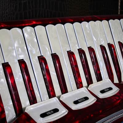 Vintage 1960s Silvio Soprani Accordion Model 8643 Full Size Red Mother Of Pearl with Original HSC image 14