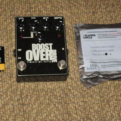 very lightly used (mostly very clean, a few imperfections) Tech 21 Boost Overdrive (metallic dark green casing) + battery & strings (NO tin, NO paperwork, NO sticker) image 1