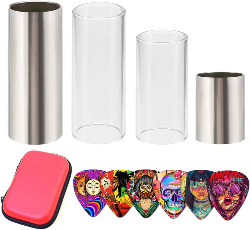Guitar Slide, Set of 2 Glass Guitar Slide, 1 Steel Guitar Slide, 1 Guitar Slide Ring, with 6 Pieces Artistic Guitar Picks in Red EVA Box image 1