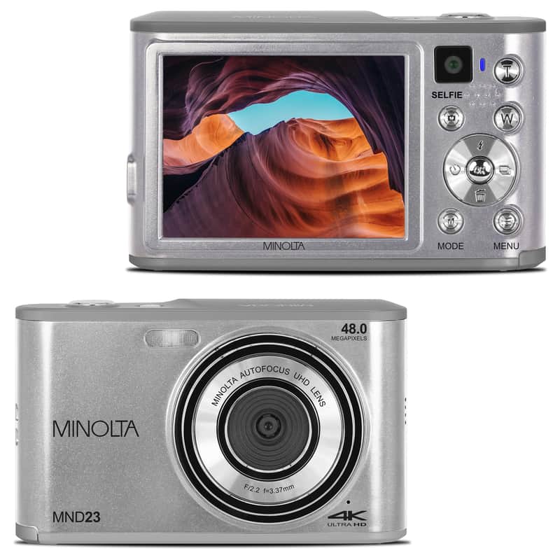 Mint Minolta 48MP Digital Camera with Rear Selfie Lens – 4K Ultra HD Video, 2.8" LCD Screen, 16X Digital Zoom, Autofocus, Slow Motion, Time Lapse, Filters, Scene Modes, 32GB Card Included (Silver) image 1