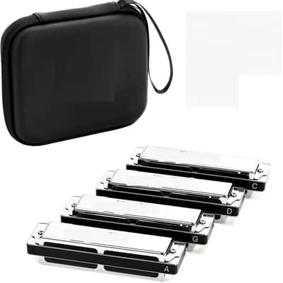 Professional Harmonica Set 4 Pack, 10 Hole 20 Tone Blues Harp in Keys C G D A, Silver Diatonic Mouth Organ Bundle with Stainless Steel Cover for Practice, Studio, Band Jam & Stage Performance image 1