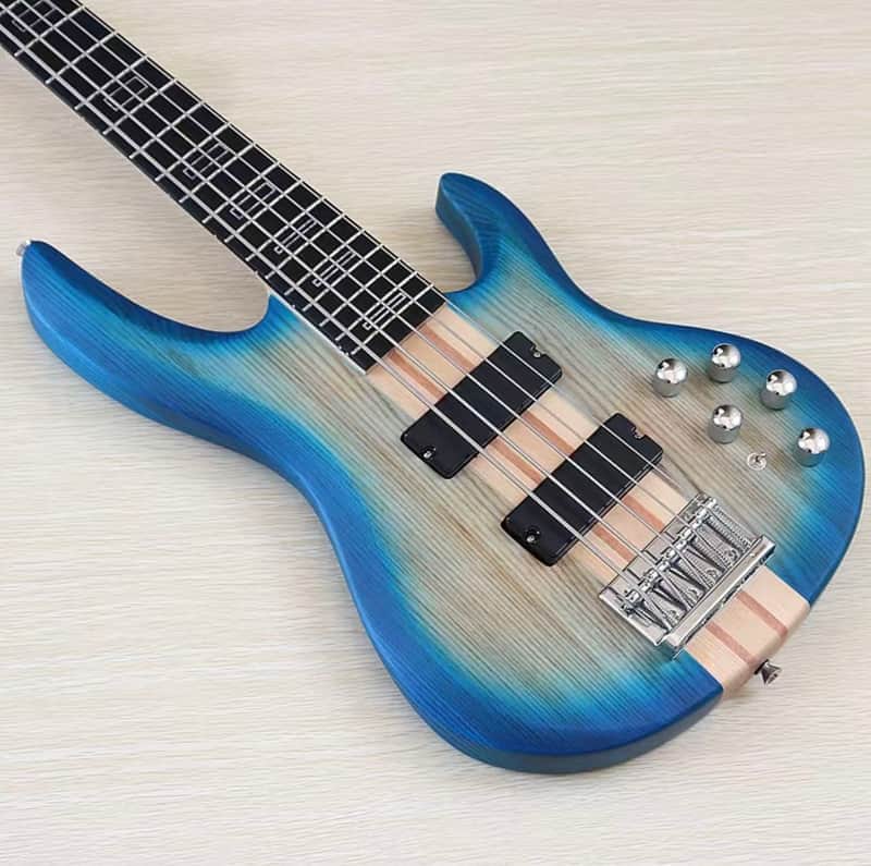 Custom 5 String Electric Bass in Blue, Ash Wood Body, Maple Neck Through image 1